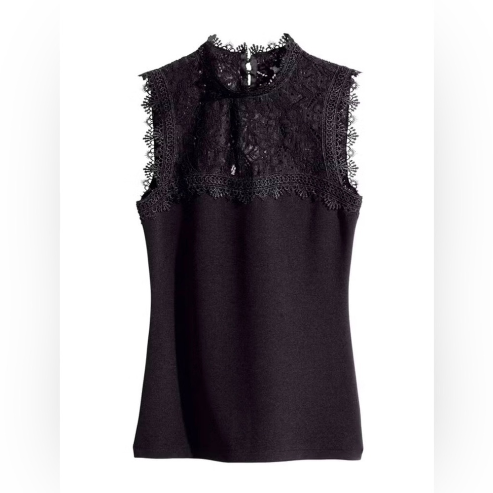 H&M Black Lace Yoke Sleeveless Top High Neck Keyhole Blouse M